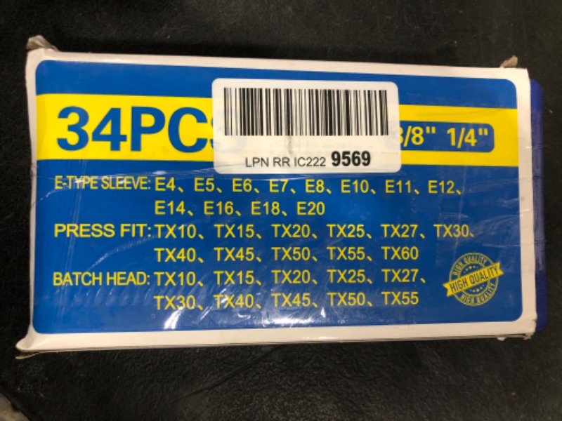 Photo 1 of 34-Piece Drive Torx Bit and E-Torx Star Socket Set, Cr-V E4-20, T10-T60, Tamper Proof T10-T55, 5/16" to 3/8" Adapter With Storage Case
