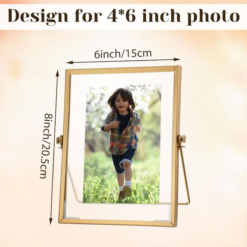 Photo 1 of  Glass Picture Frame Metal Floating Frame Photo Frame Pressed Glass Photo Frame Vintage Brass Picture Frame Metal Geometric Picture Frame Desk Vertical Frame, 4 x 6 Inch (Gold)