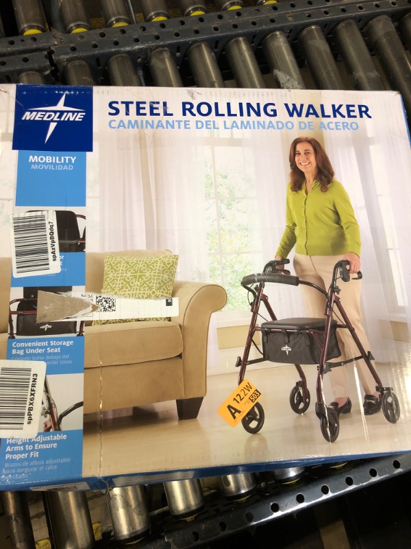 Photo 3 of Medline Steel Rollator Walker with Seat, Burgundy, 350 lb. Weight Capacity, 6” Wheels, Foldable, Adjustable Handles, Rolling Walker for Seniors, Walker for Mobility Impaired