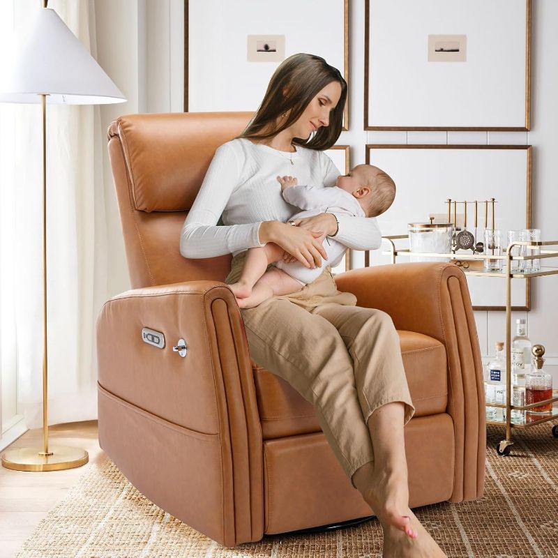 Photo 1 of COLAMY 270 Power Swivel Glider Recliner Chair with Removable Mobile & iPad Holders, PU Leather Reclining Rocker with Built-in USB & Type-C Charging Ports for Nursery, Living Room & Office, Brown
