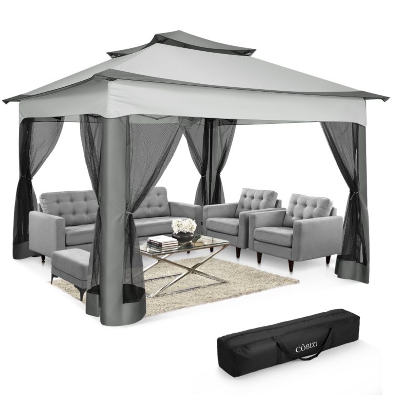 Photo 1 of  Adjustable Height Pop-up Gazebo Tent Fully Waterproof Instant Outdoor Sun Shade Canopy with 6 Mosquito Nettings, Double Roofs for Shade