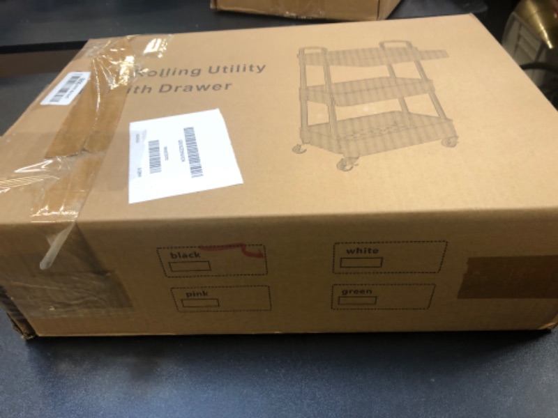 Photo 1 of Calmootey 3-Tier Rolling Utility Cart with Drawer,Multifunctional Storage Organizer with Plastic Shelf & Metal Wheels,Storage Cart for Kitchen,Bathroom,Living Room,Office,Black