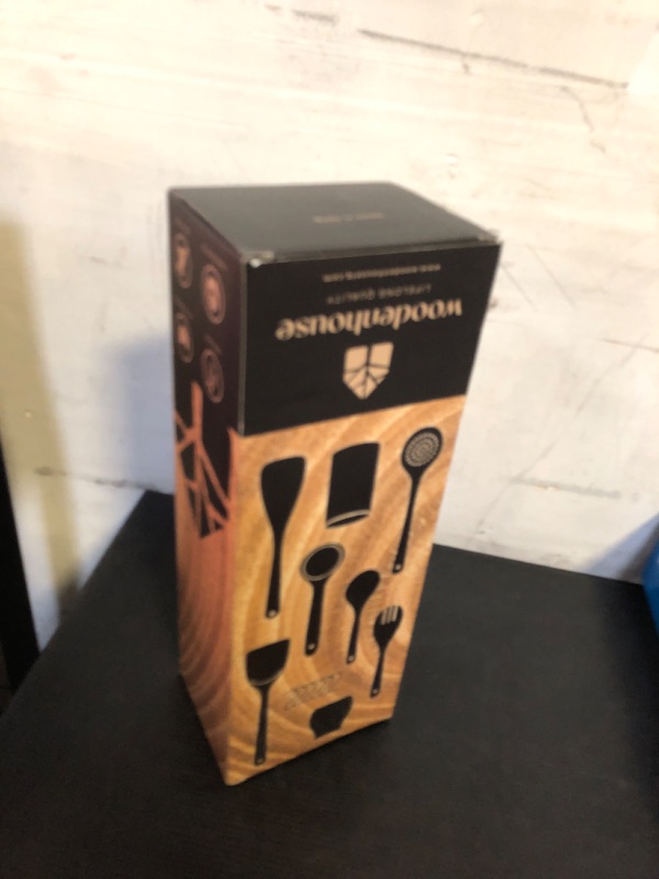 Photo 1 of Wooden Spoons for Cooking, Wooden Cooking Utensils Set, Wooden Utensil Set with Holder, Spoon Rest & Hooks, Teak Wood Nonstick Kitchen Cookware – 8-piece set of wooden utensils with 6 metal hooks