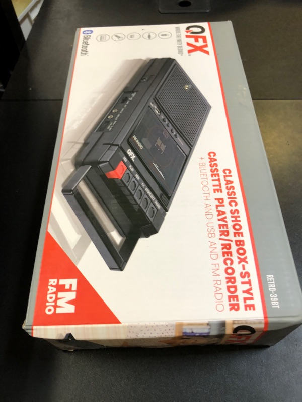 Photo 1 of QFX RETRO-39 Portable Shoebox USB to Cassette Tape Recorder, Analog Cassette Tape Deck with Built-in Microphone, 3.5" Bluetooth Speaker with FM Radio