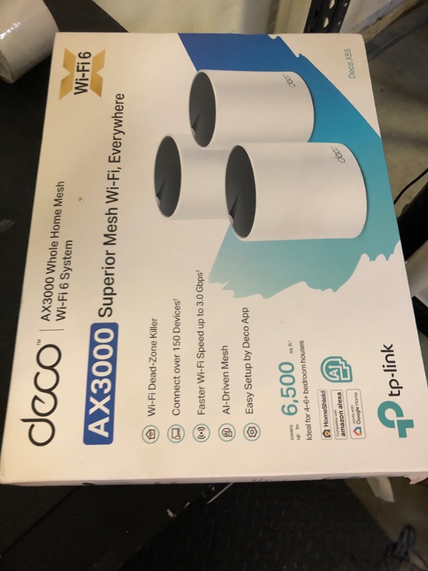 Photo 1 of TP-Link Deco AX3000 WiFi 6 Mesh System(Deco X55) - Covers up to 6500 Sq.Ft. , Replaces Wireless Router and Extender, 3 Gigabit ports per unit, supports Ethernet Backhaul (3-pack)