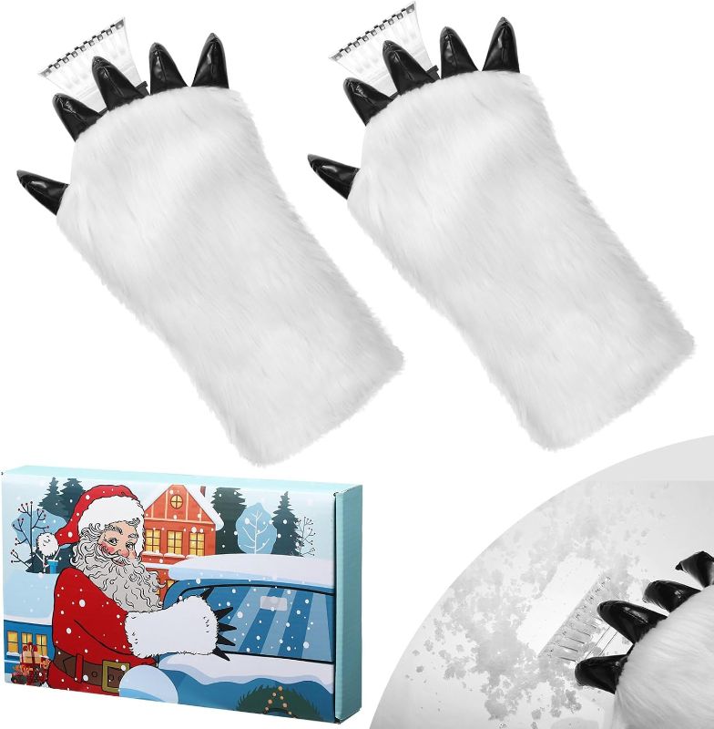 Photo 1 of   2 Pcs Ice Scraper with Glove Christmas Stocking Stuffers for Men Car Windshield Scraper for Ice and Snow Faux Fur Paw Frost Wipe Scraper Mitt with Box Winter Snow Scraper Gloves Adult Useful Xmas Gift
