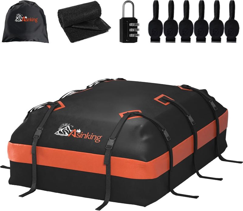 Photo 1 of Asinking Car Roof Bag Rooftop top Cargo Carrier Bag 21 Cubic feet Waterproof for All Cars with/Without Rack, Includes Anti-Slip Mat, 10 Reinforced Straps, 6 Door Hooks, Luggage Lock
