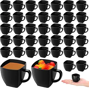 Photo 1 of Amyhill 100 Pcs 2 oz Disposable Tea Cups Mini Plastic Tea Cup Bulk with Handle Hard Plastic Coffee Mug Disposable Square Espresso Mug for Tea Party Catering (Black)
