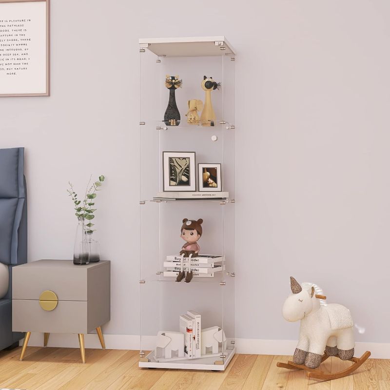 Photo 1 of LFT HUIMEI2Y Glass Display Cabinet 4-Shelf with Door and Lock, Curio Cabinets Upgraded Quick-Install Style Tempered Glass Floor Standing Bookshelf for Bedroom, Living Room 65”x 17”x 14” White
