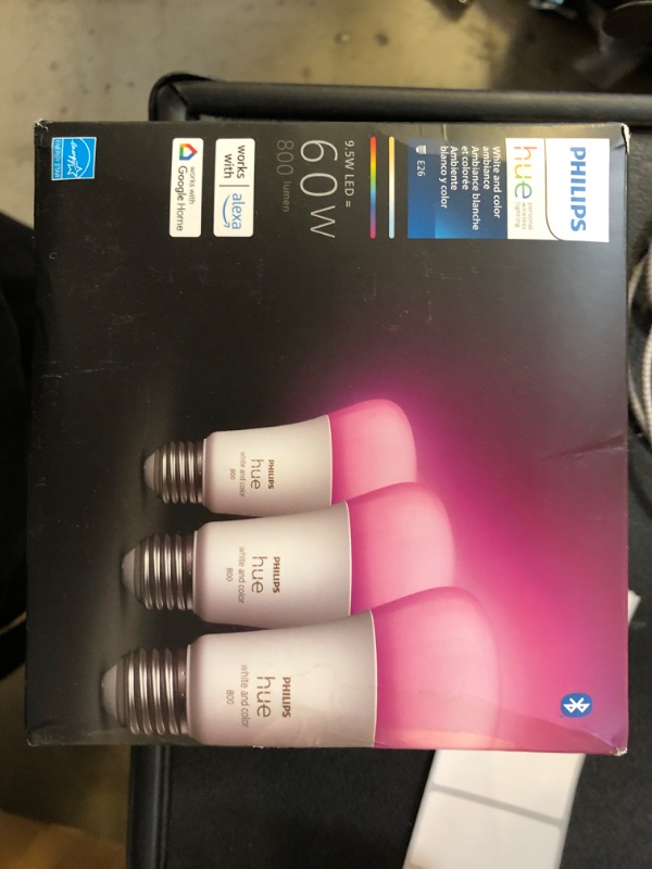 Photo 2 of Philips Hue A19 LED Smart Light Bulb - White and Color Ambiance - 60W Indoor Light Bulb - Control with Hue App - Works with Alexa, Google Assistant and Apple Homekit - 3 Pack