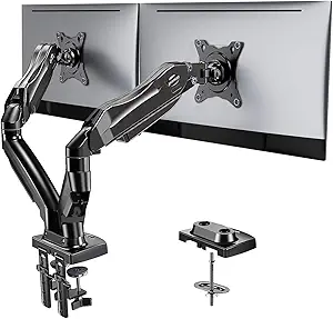 Photo 1 of HUANUO Dual Monitor Stand - Full Adjustable Monitor Desk Mount Swivel Vesa Bracket with C Clamp, Grommet Mounting Base for 13 to 32 Inch Computer Screens - Each Arm Holds 4.4 to 19.8lbs
