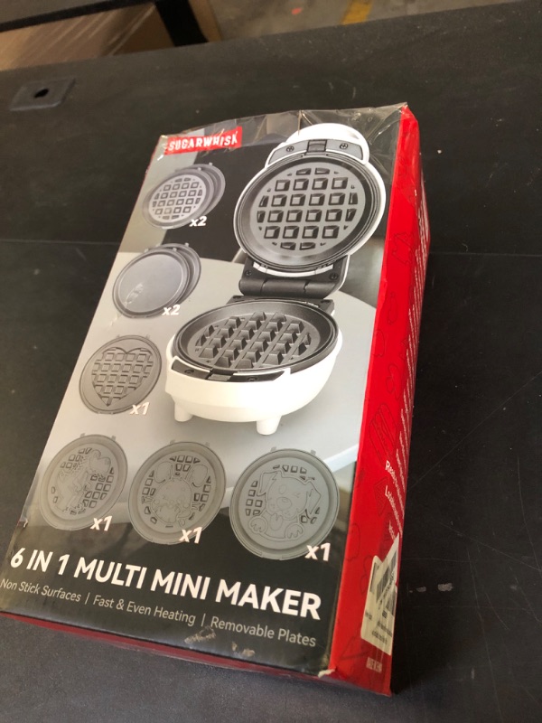 Photo 1 of SugarWhisk 6-in-1 Mini Waffle Maker With Removable Plates, 4.5'' Mini Waffle Iron for Holidays, Parties & Events Waffle Maker Machine, 8 Plates with Premium Ceramic Coating, White