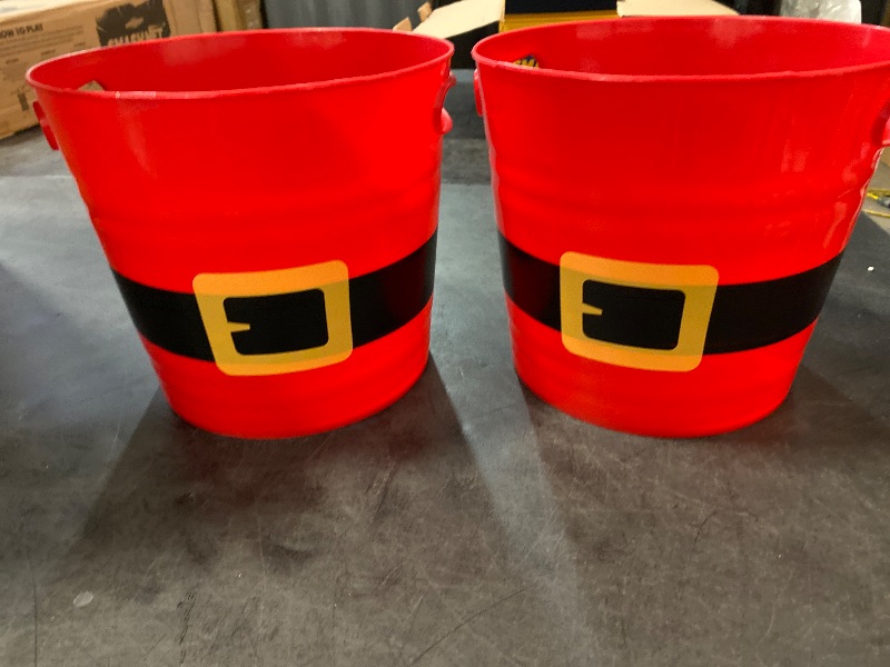 Photo 2 of Holiday Red Santa Belt Buckets with Handles, Set of 2, 7.954 inches, Multi-Purpose Christmas Bucket, Gift Basket and Holiday Decorations