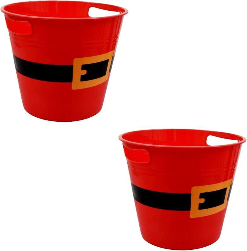 Photo 1 of Holiday Red Santa Belt Buckets with Handles, Set of 2, 7.954 inches, Multi-Purpose Christmas Bucket, Gift Basket and Holiday Decorations