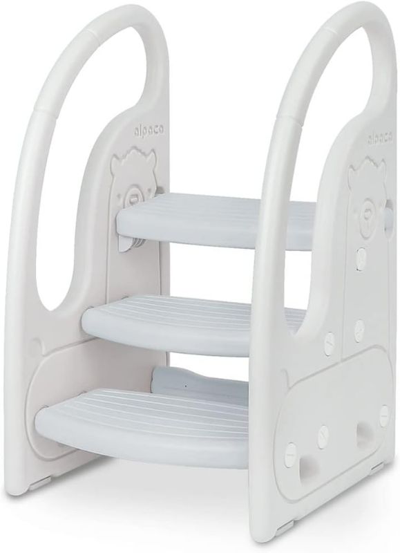 Photo 1 of Toddler 3 Step Stool Onasti Kids Standing Tower for Toddlers Plastic Learning Helper Stool for Kitchen Counter Bathroom Sink Toilet Potty Training with Handles and Non-Slip Pads-Grey White