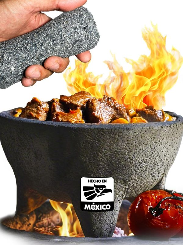 Photo 1 of Cempasuchil™ Authentic Mexican Molcajete 100% Volcanic Rock for Oven Use (8 in) + Big Pestle + Mexican Napkin, (3-Piece Set) Guacamole Maker, High-Heat Resistant 450°F, Molcajete Bowl Volcanic Stone