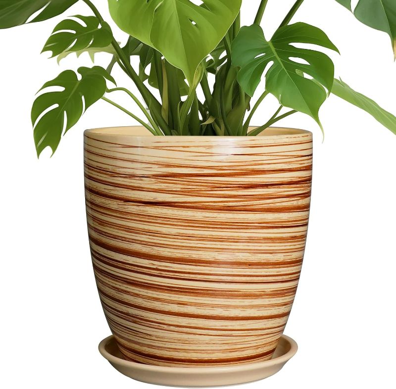 Photo 1 of 10 Inch Plant Pot Ceramic Pots for Plants with Drainage Hole and Saucer Round Flower Pot for Home Patio Garden Office Yellow