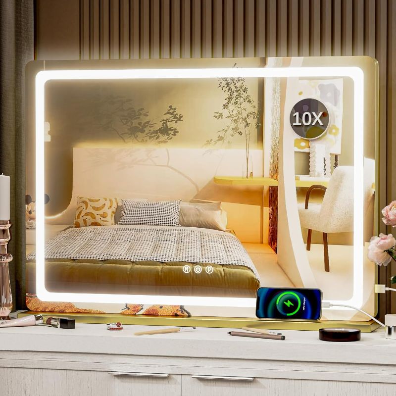 Photo 1 of Vanity Mirror with Lights, 28" x 22" LED Makeup Mirror, Lighted Makeup Mirror with 10X Magnification,Dimmable 3 Modes, Touch Screen Control Vanity Mirror Round Gold