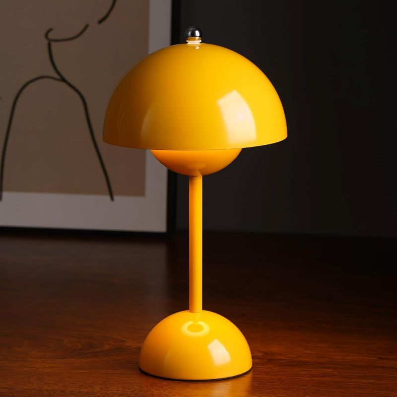 Photo 1 of Flowerpot Lamp, Cordless Mushroom Table Lamp,3 Color Stepless Dimmable Touch Lamp, Rechargeable Battery Operated Portable LED Lamp, Small Lamp for Bedside, Night Light for Indoor Outdoor (Yellow)