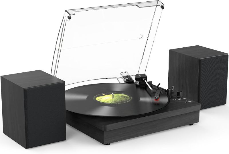 Photo 1 of Vinyl Record Player with Two Stereo Speakers, Bluetooth Playback Turntable with 3 Speed AUX Headphone Input and RCA Out, Retro Black