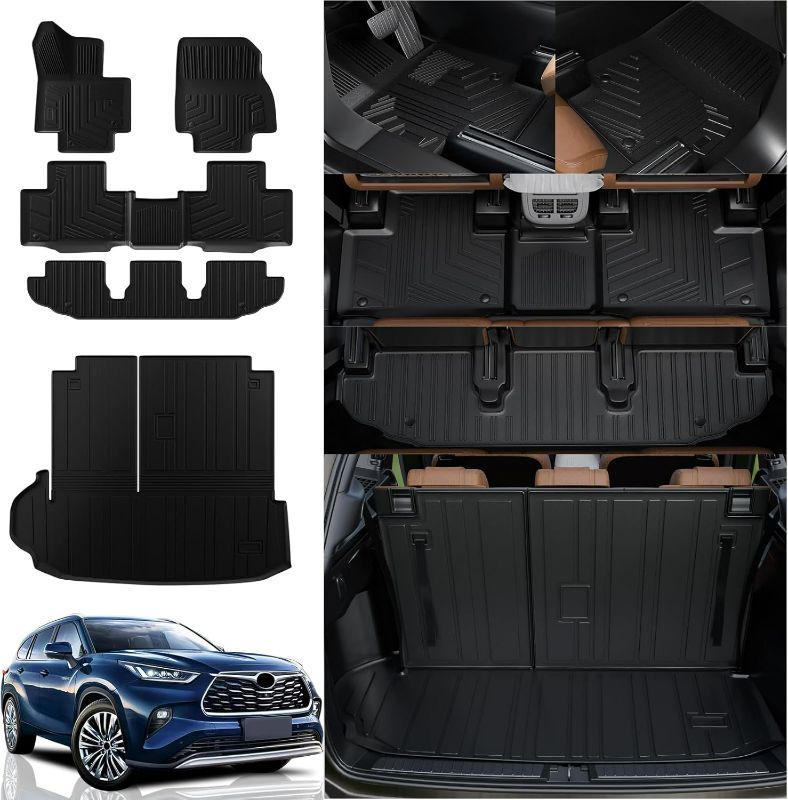 Photo 1 of Rongtaod Floor Mat Compatible with 2020-2024 2025 Toyota Highlander Trunk Mat Cargo Mat Cargo Liner Back Seat Cover Floor Liner 2023 Highlander Accessories (Trunk Mat with Backrest Mat+Floor Mats)