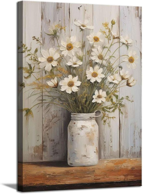 Photo 1 of Rustic Farmhouse Daisy Canvas Wall Art Vintage Country Floral Wall Decor Picture Modern Flower Poster Print for Living Room Bedroom Bathroom Decoration 16x24in