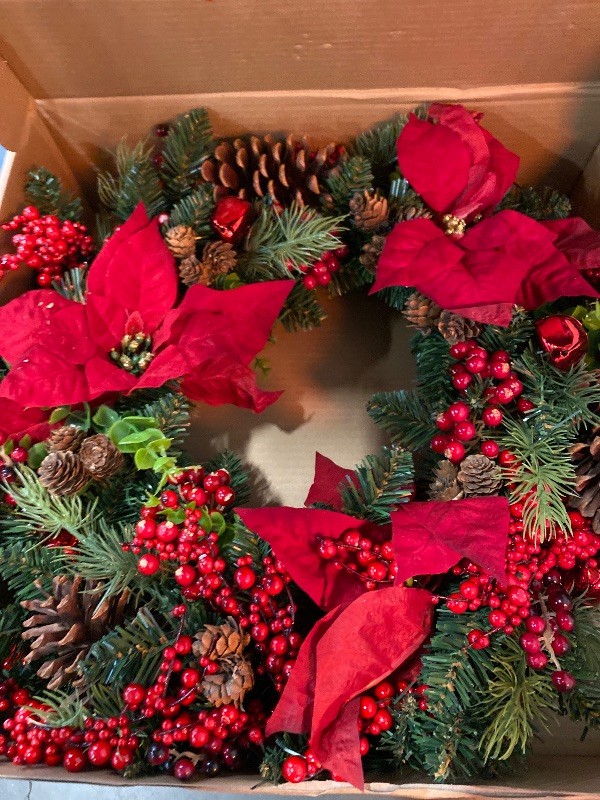 Photo 2 of 24 Inch Christmas Wreath Front Door, Artificial Christmas Wreath Decorated with Holly Berries, podocarpus, Bells, Cypress Leaves, Christmas Flowers for Indoor and Outdoor Christmas Decoration