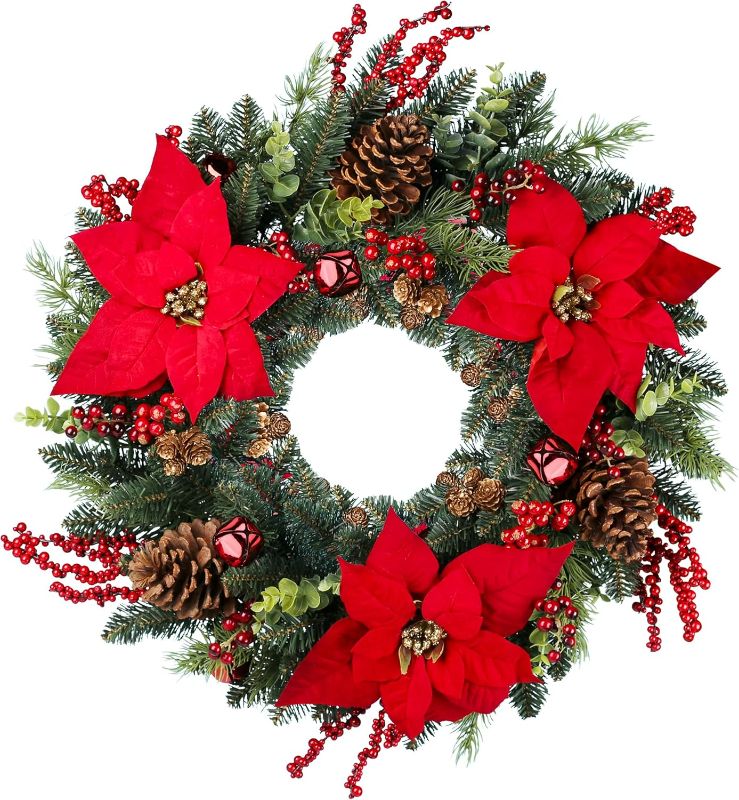 Photo 1 of 24 Inch Christmas Wreath Front Door, Artificial Christmas Wreath Decorated with Holly Berries, podocarpus, Bells, Cypress Leaves, Christmas Flowers for Indoor and Outdoor Christmas Decoration