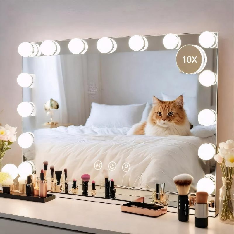 Photo 1 of Vanity Mirror with Lights 22.8" x 18.2" White Makeup Mirror Hollywood Mirror with 15 Dimmable LED Bulbs 3 Color Modes 10X Magnification & USB Charging Port Mirror for Bathroom or Wall-Mounted