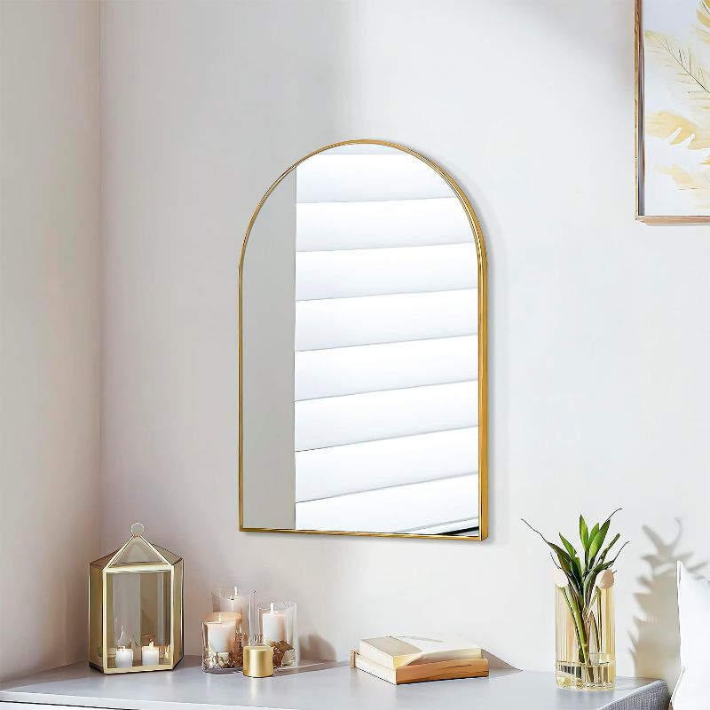 Photo 1 of 24x16 Arch Mirror Rectangle Wall Mounted Aluminum Alloy Metal Frame HD Glass Dressing Make-up for Bathroom Entryway Bedroom Living Room 24 16 inch Gold