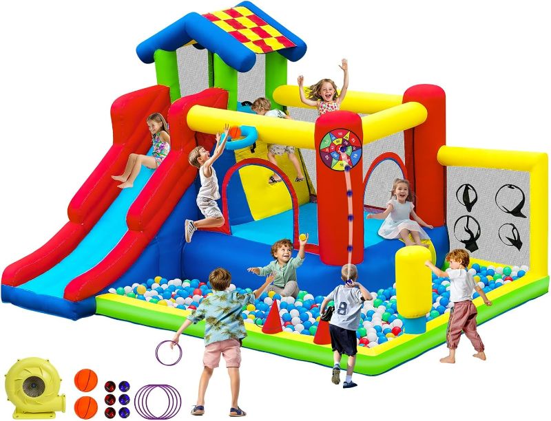 Photo 1 of GYMMALL Inflatable Bounce House with Slide, Ball Pit, Jumping, Climbing Wall, Basketball Hoop, Bouncy Castle for Kids Indoor Bounce House with 480W Blower for Indoor Outdoor Backyard