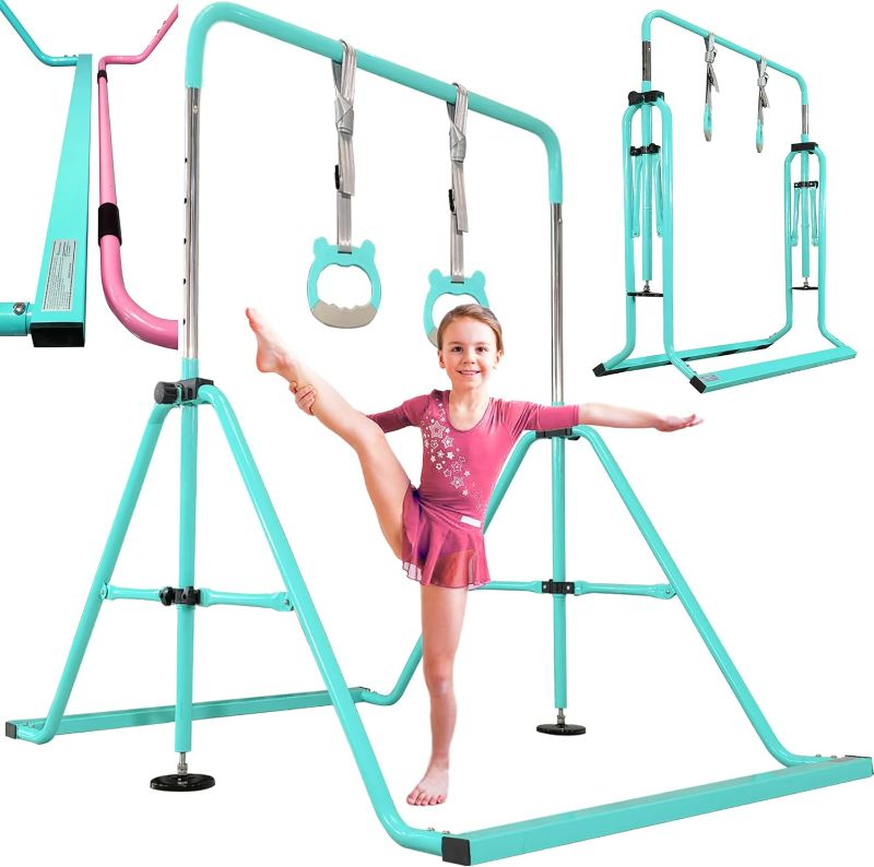 Photo 1 of PreGymnastic Updated Folding Gymnastics Bar with Rings, Foldable Kip Bar with Sturdier Base, Gymnasitc Training Bar for Kids Ages 3-10, Gymnastic Horizontal Bars, Home Gym Equipment for Boys Girls