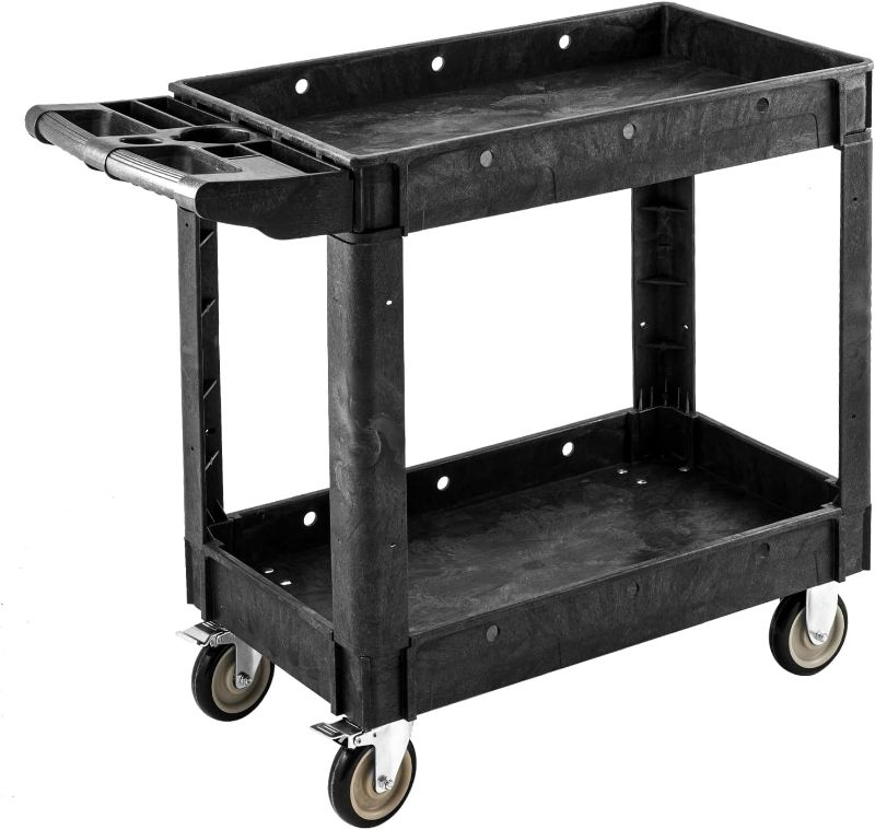 Photo 1 of 640 LBS Capacity Heavy Duty Utility Cart with Wheels, Plastic 2-Tier RollingTool Cart Black, 360° Universal Wheels with 2 Brakes for Warehouse, Garage