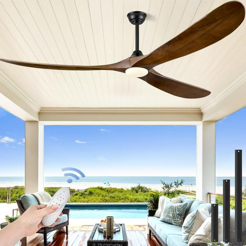 Photo 1 of ABZ 72 Inch Ceiling Fans with Lights, Solid Wood Propeller Large Ceiling Fans with Lights and Remote Control 3 Blades Outdoor Ceiling Fan High cfm for Patios Gazebo Indoor Farmhouse, Walnut Wood