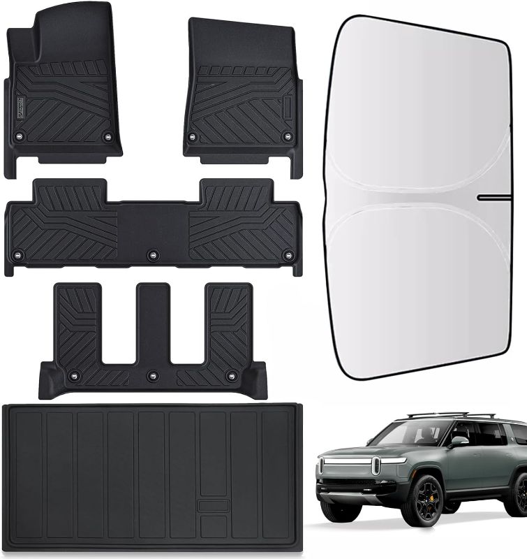 Photo 1 of Floor Mats & Trunk Mat & Sun Visor for 2022 2023 2024 Rivian R1S,TPE All Weather Protection 3 Rows Car Floor Liners Front & Cargo Liners with Windshield Sun Shade Accessories-Black