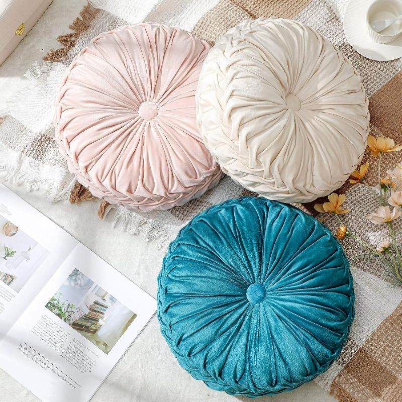 Photo 1 of 3 Pcs Round Pillows 15'' Diameter Velvet Pleated Throw Pillows Accent Pumpkin Throw Pillows Boho Chair Cushion for Couch Sofa Chair Bed Home Decoration, 3 Colors(White, Pink, Blue)