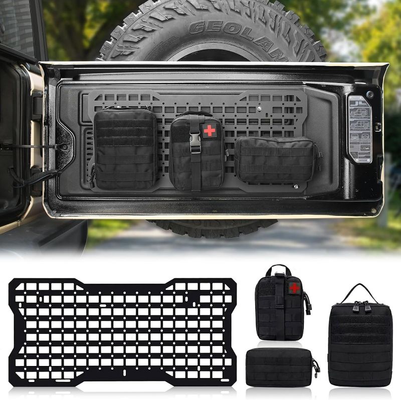 Photo 1 of MAIKER Tailgate Molle Panel with 3 Moll Pouch Compatible with Jeep Wrangler 2007-2018 JK JKU & 2018-2024 JL JLU Aluminum Tailgate Tactical Panel Rear Door Cargo Organizer Kit