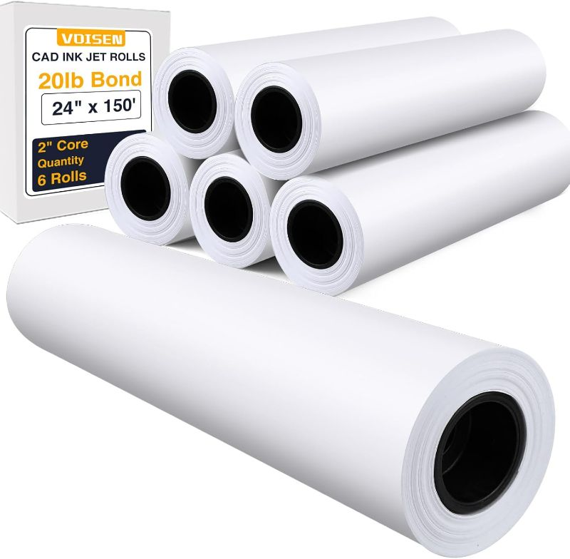 Photo 1 of VOISEN Wide Format Paper,6 Rolls Plotter Paper 24 In x 150 Ft, CAD Bond Rolls,20lb,Bond Paper on 2" Core for CAD Printing on Wide Format Ink Jet Printers