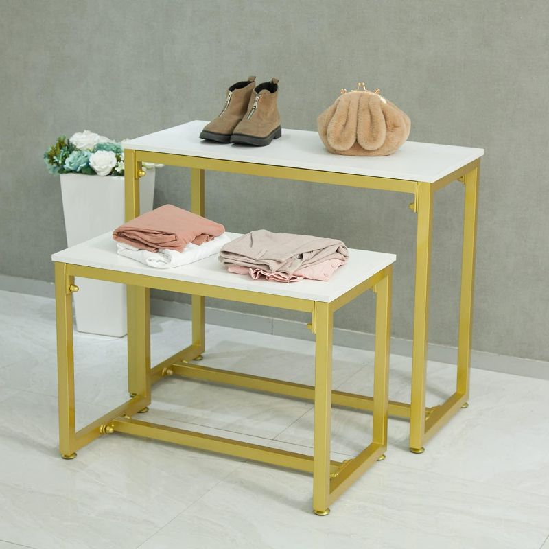 Photo 1 of Metal Shoe Handbag Retail Display Racks, Nesting Tables 2 Piece Set, Display Stand for Retail Stores, Iron and Wood, Gold