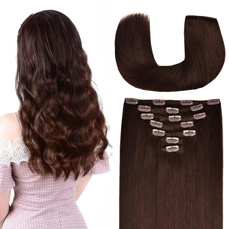 Photo 1 of 12 Inch Clip-in Hair Extensions Remy Human Hair for Women - Soft Handmade Real Human Hair Clip in Extensions, Straight, Thick, 105g 7pcs Medium Brown #2 Color