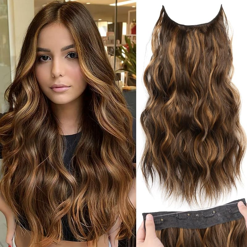 Photo 1 of KooKaStyle Invisible Wire Hair Extensions with Transparent Headband Adjustable Size 4 Secure Clips Long Wavy Secret Wire Hairpiece 20 Inch Medium Brown to Caramel Blonde for Women