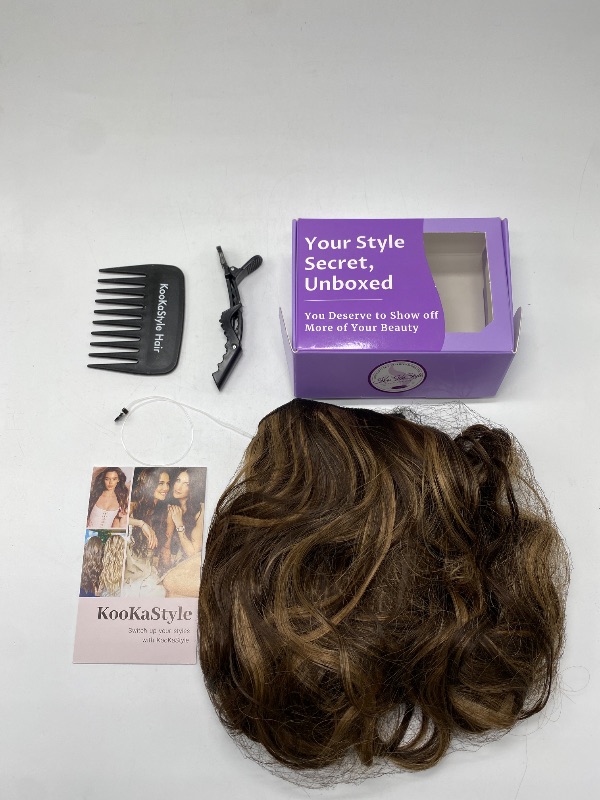Photo 1 of KooKaStyle Invisible Wire Hair Extensions with Transparent Headband Adjustable Size 4 Secure Clips Long Wavy Secret Wire Hairpiece 20 Inch Medium Brown to Caramel Blonde for Women