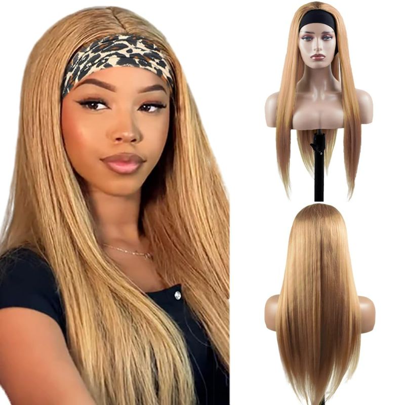 Photo 1 of 22 Inch Blonde Human Hair Headband Wig Grade 8A #27 Glueless None Lace Front Honey Blonde Wig Machine Made Wig 150% Density Brazilian Virgin Hair Straight Wig For Black Women