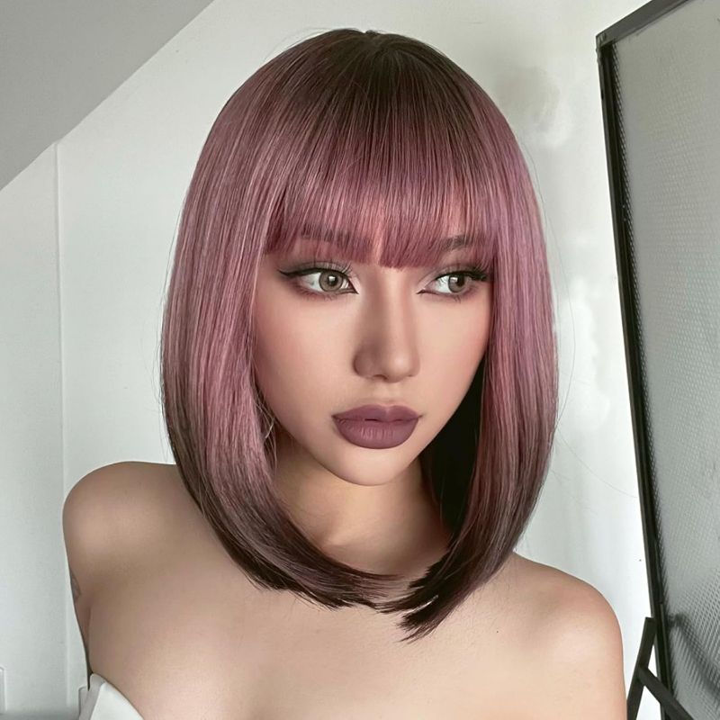 Photo 1 of AISI BEAUTY Ash Pink Bob Wig with Bangs Short Straight Wigs for Women 12 Inch Synthetic Straight Hair Wig for Girl Cosplay Party Wear