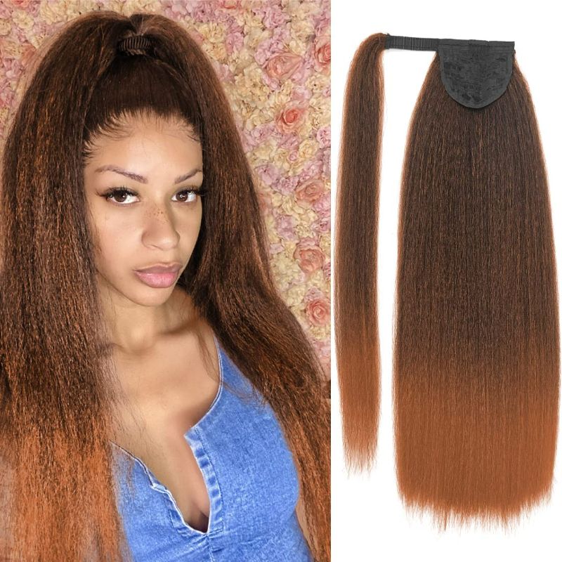 Photo 1 of Long Yaki Straight Ponytail for Women 24 Inches Wrap Around Magic Paste Yaki Straight Pony Tail Clip in Synthetic Thick Kinky Straight Ponytail hair Extension UAmy hair(T30 Mix Black and Brown)