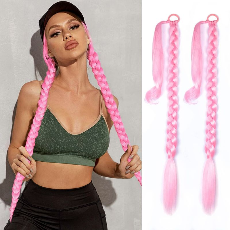 Photo 1 of 2 Pack Pink Long Braided Ponytail Extension with Hair Tie Straight Wrap Around Hair Extensions Ponytail Natural Soft Synthetic Hair Piece for Women