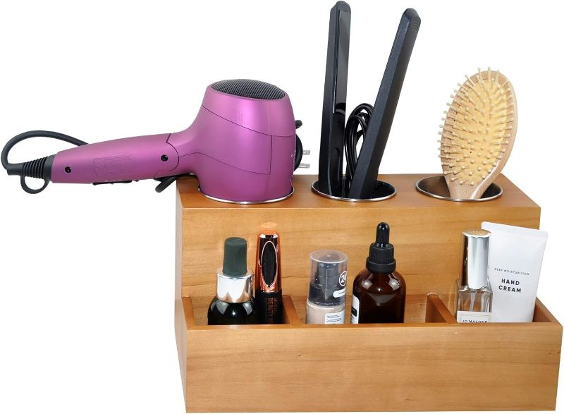 Photo 1 of Spiretro Hair Tools Organizer - Wood Tan - Blow Dryer, Straightener, Curling Wand, Brushes Holder - Vanity & Bathroom Storage - Wall Mount or Sit on Counter