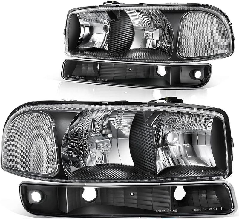 Photo 1 of Headlight Assembly For 99-07 GMC Sierra 1500, 99-04 Sierra 2500, 01-07 Sierra 1500HD 2500HD 3500HD, 99-06 Yukon, 00-06 Yukon XL 1500 2500 Headlights w/Bumper Signal Lamps, Black