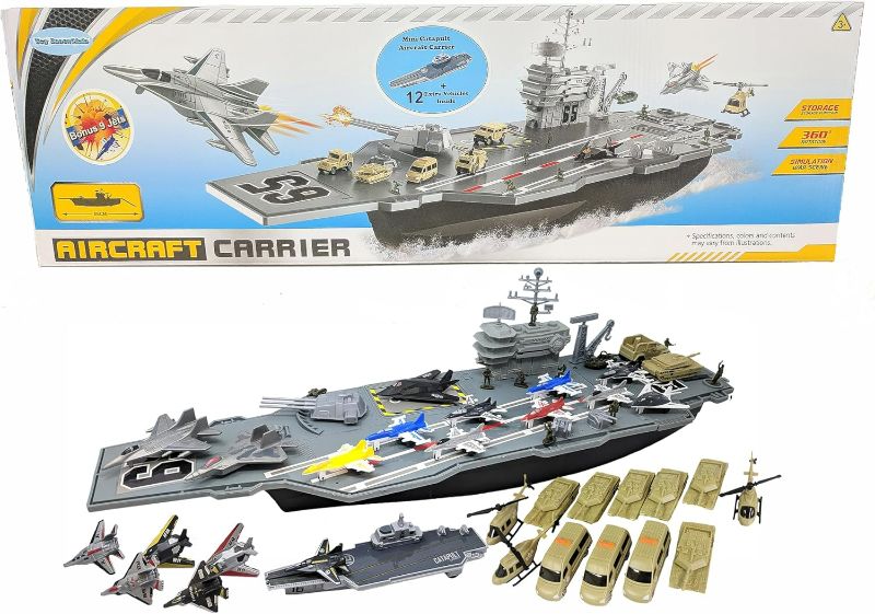 Photo 1 of Aircraft Carrier Toy with Warplanes Fighter Jets Launching Planes Catapult Aircraft Helicopters Tanks Trucks Army Men Soliders