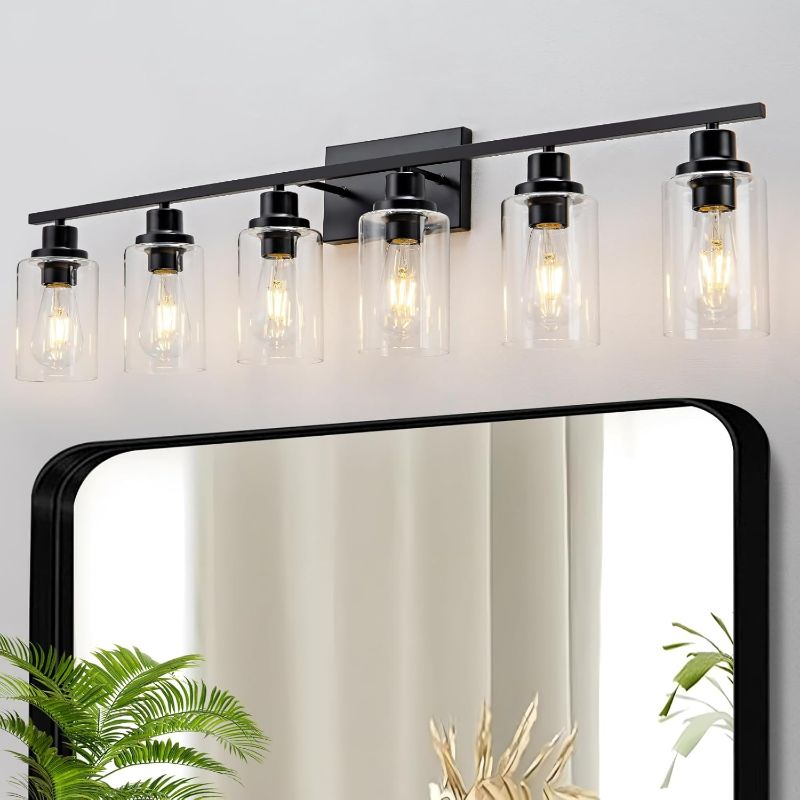 Photo 1 of 6 Light Bathroom Light Fixtures Black Vanity Light Over Mirror Modern Farmhouse Wall Lighting Sconces Wall Lamp for Bathroom, Bedroom, Living Room E26 Socket with Glass Shade